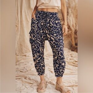 100% Viscose Hei Hei Navy Blue and Cream Printed Cargo Joggers Anthropologie